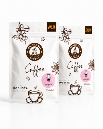 Vaishnavi Estate Dark Roast Robusta AeroPress Ground Coffee, single-origin shade-grown coffee from Coorg with bold flavor, rich aroma, and a smooth finish.