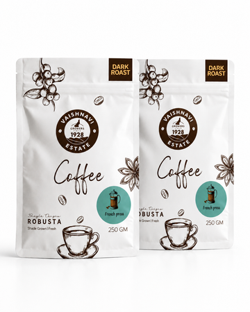 Vaishnavi Estate Dark Roast Robusta Coffee ground for French Press brewing, estate-grown in Coorg, Karnataka.