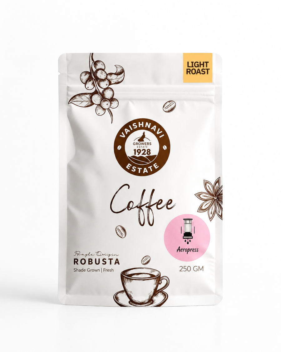 Single-origin Light Roast Robusta AeroPress Coffee from Vaishnavi Estate, freshly roasted shade-grown coffee from Coorg.