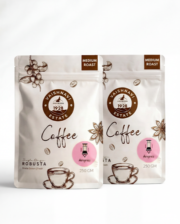 Vaishnavi Estate Medium Roast Robusta Coffee ground for AeroPress brewing, estate-grown in Coorg, Karnataka.