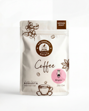 Single-origin Medium Roast Robusta AeroPress Coffee from Vaishnavi Estate, freshly roasted and shade-grown in Coorg.